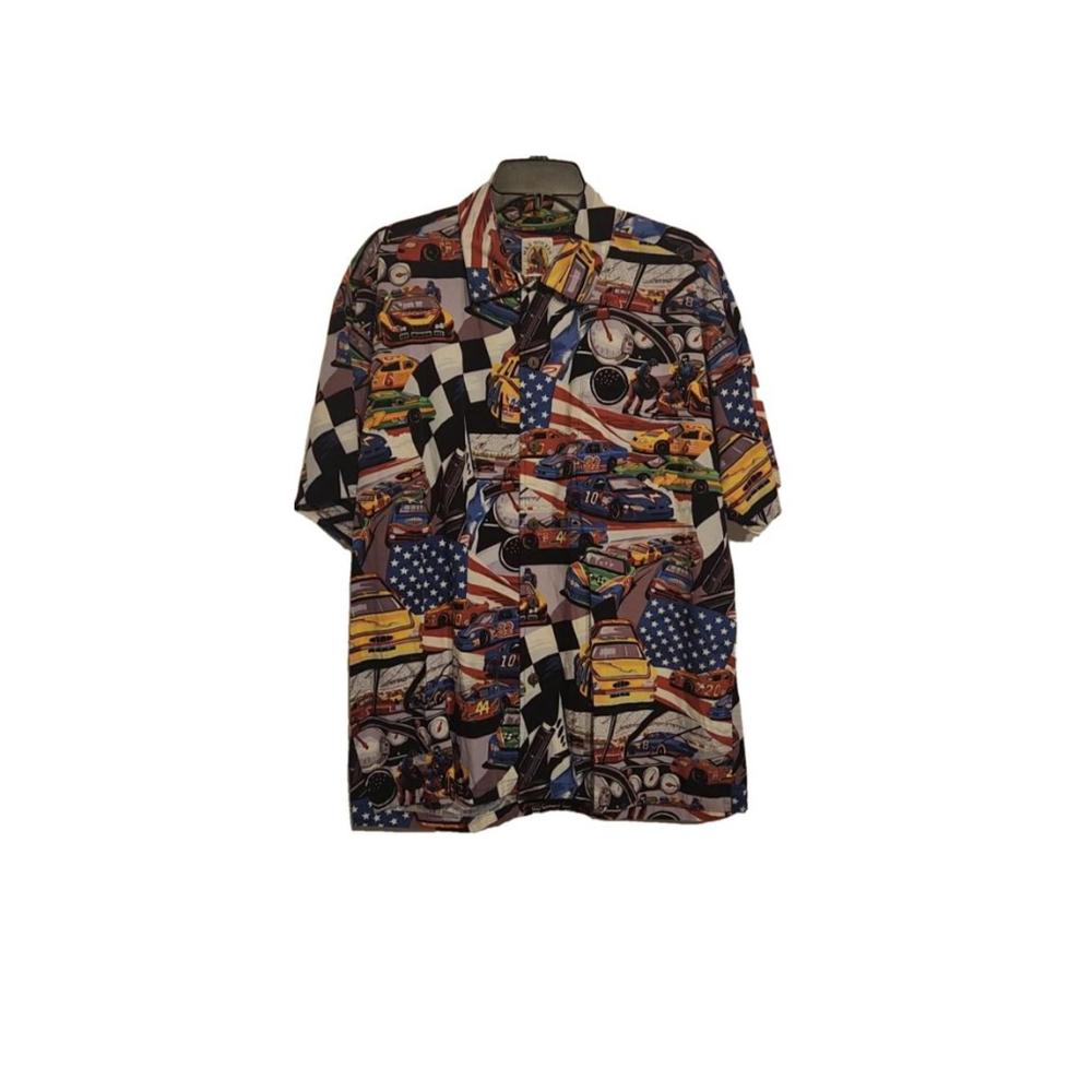 Max Boxxer Vintage Race Car Print Button Up Shirt Size Large